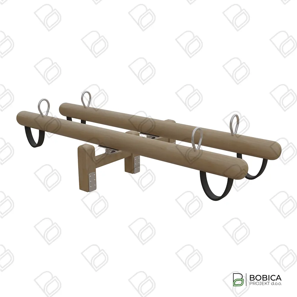 Dupla dječja klackalica od prirodnog drveta robinije za četiri osobe na javnom igralištu – ROBINIADUO – BOBICA PROJEKT