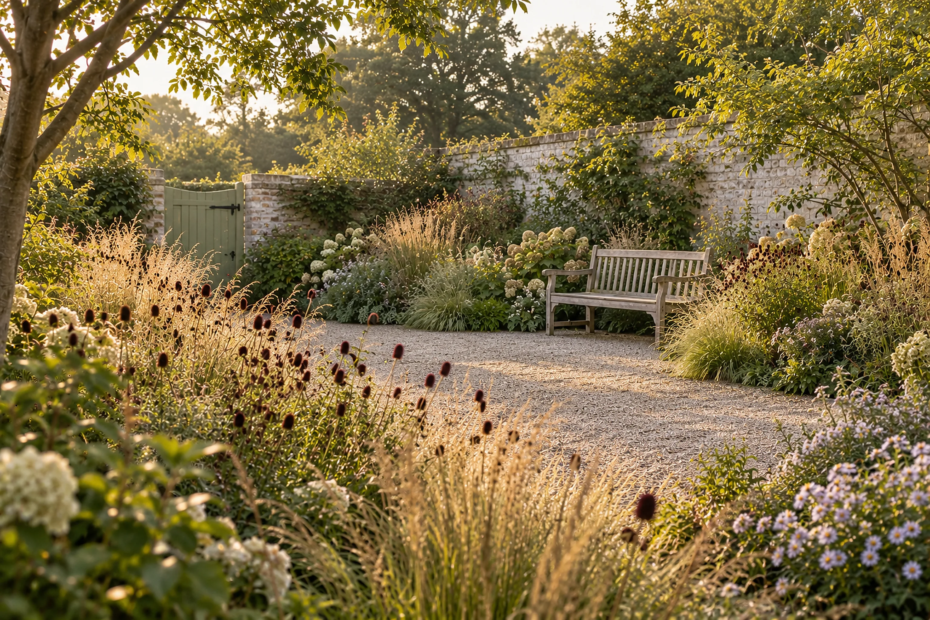 A gravel court with a timber bench, grasses and perennials inside old garden walls.