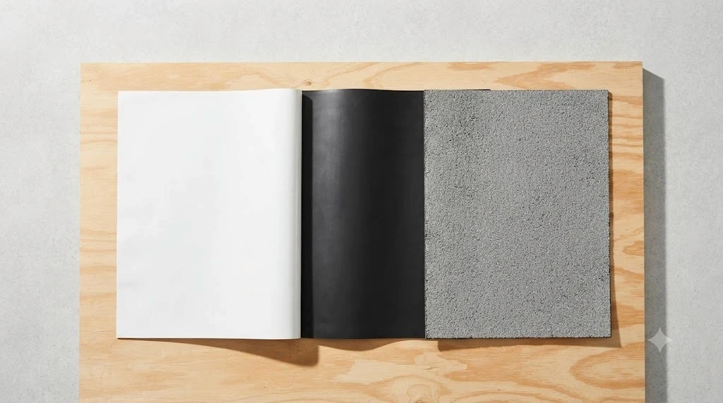 White TPO, black EPDM and granulated modified bitumen roof membrane samples compared side by side