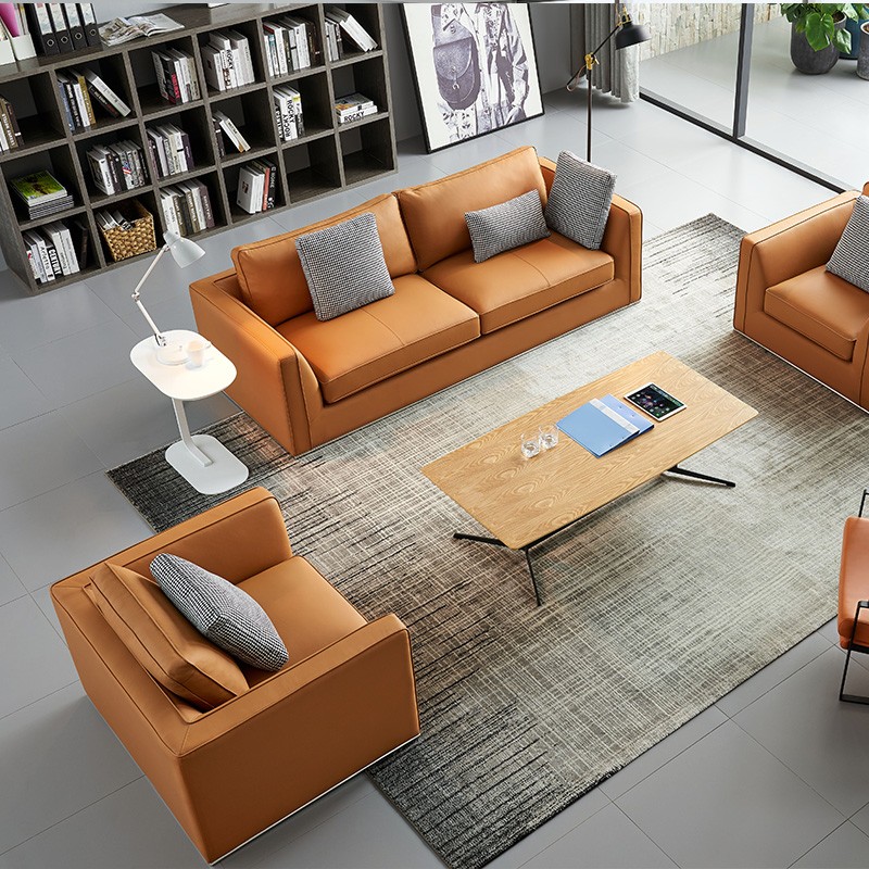 Stylish burnt orange leather couch and matching chair set in open-concept living room interior, overhead perspective with wooden table, accent pillows, area rug, floor lamp, bookshelves, and scenic views