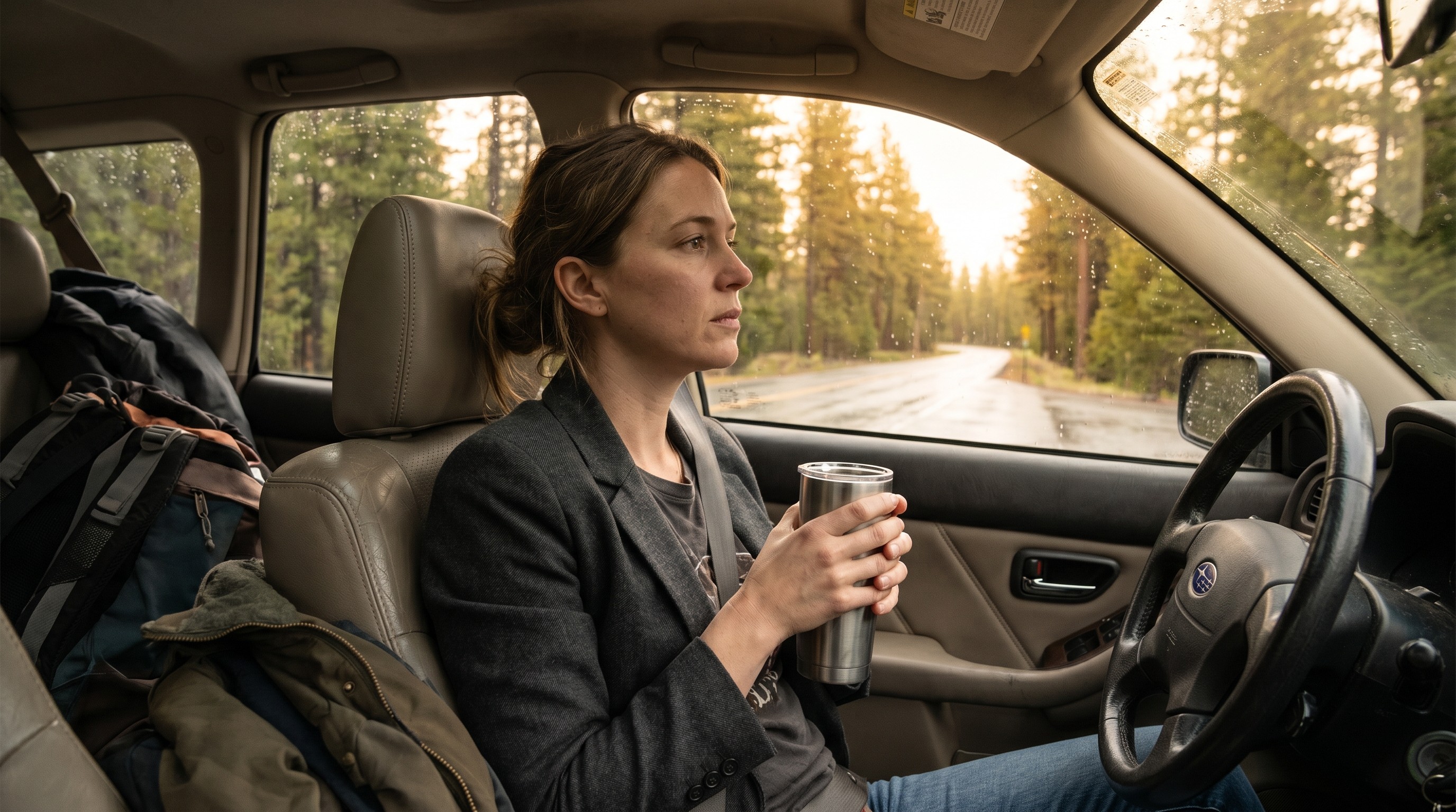 Woman in car holding coffee cup in warm Pacific Northwest afternoon light after a long commute home