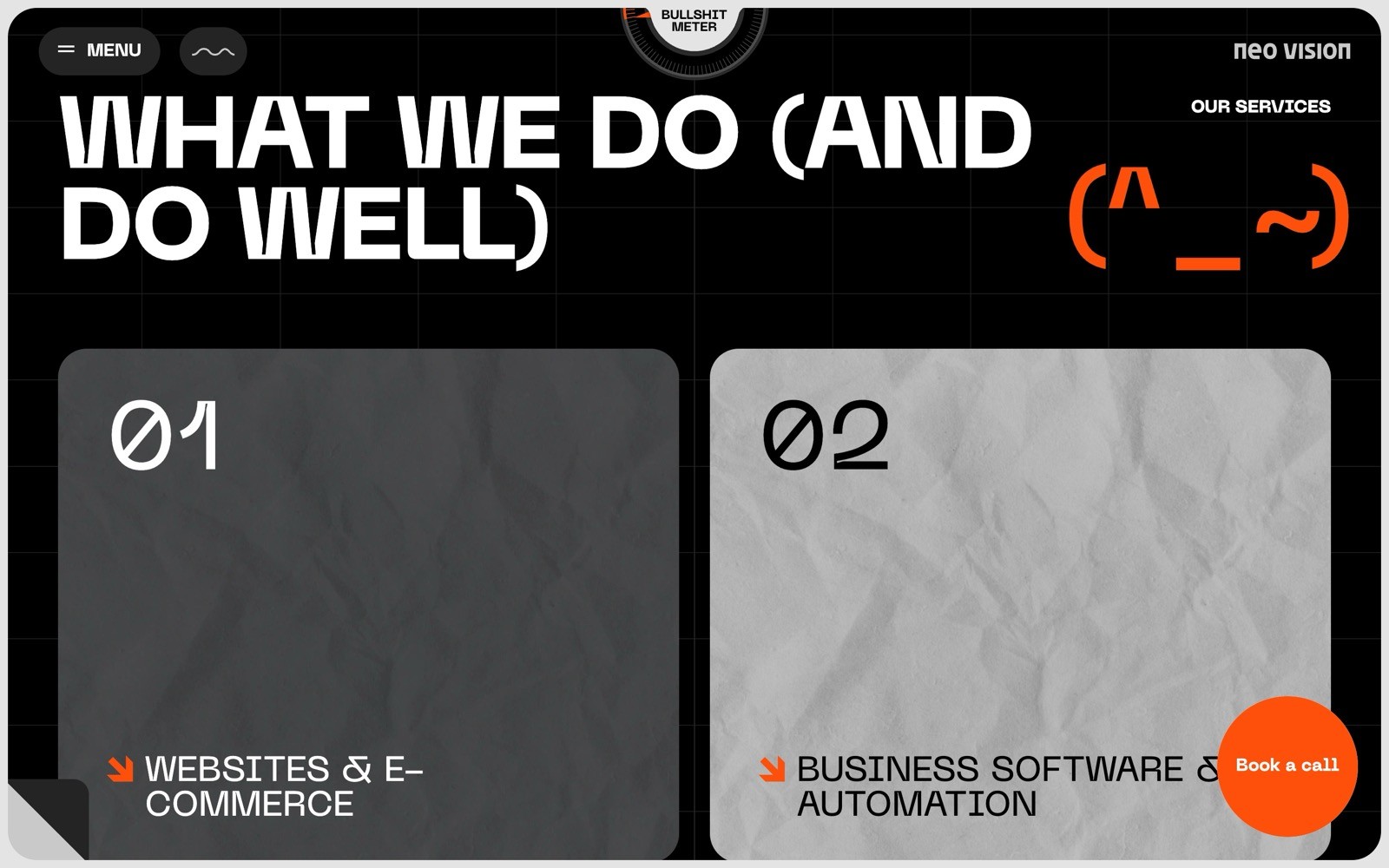 Black grid background with white text: "WHAT WE DO (AND DO WELL)". Two panels: "01 WEBSITES & E-COMMERCE", "02 BUSINESS SOFTWARE & AUTOMATION".