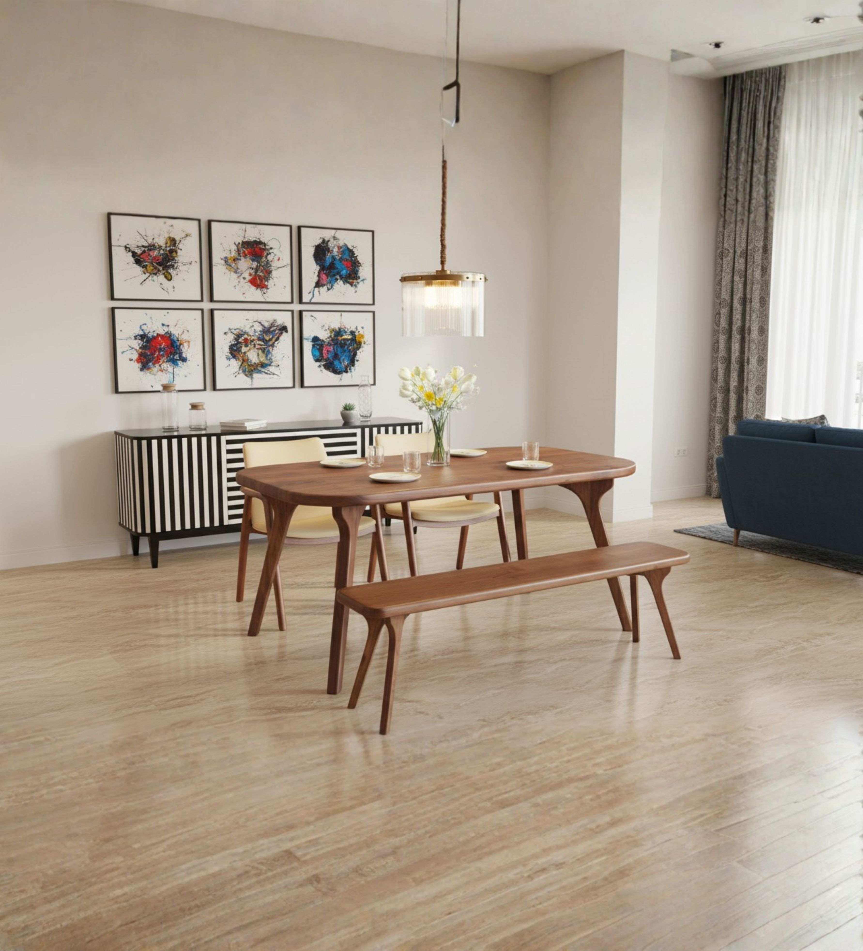 Transitional dining table with rounded corners, paired with a matching wooden bench and slim chairs