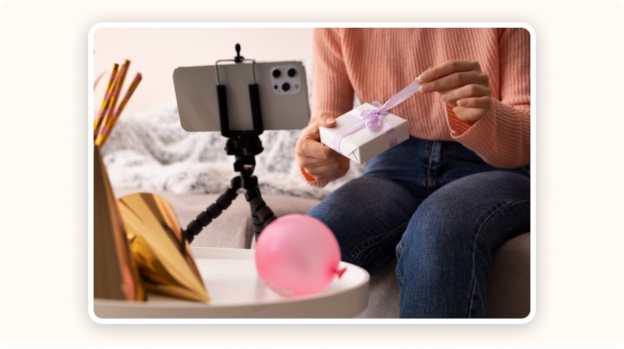 unboxing gift in front of a smartphone