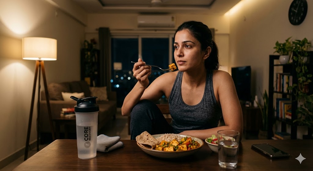 A fitness-focused Indian woman in athletic wear eating a protein-rich paneer and vegetable meal at a dining table at night for pre-sleep muscle recovery. The warm, dimly lit apartment setting includes a protein shaker bottle and towel, conveying a calm post-workout recovery routine.