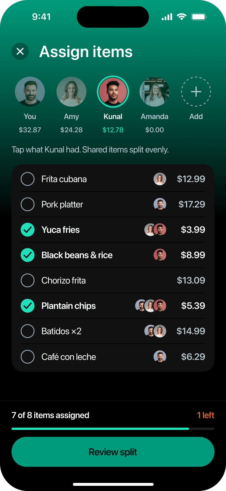 Assign items, Kunal selected, 13 taps in