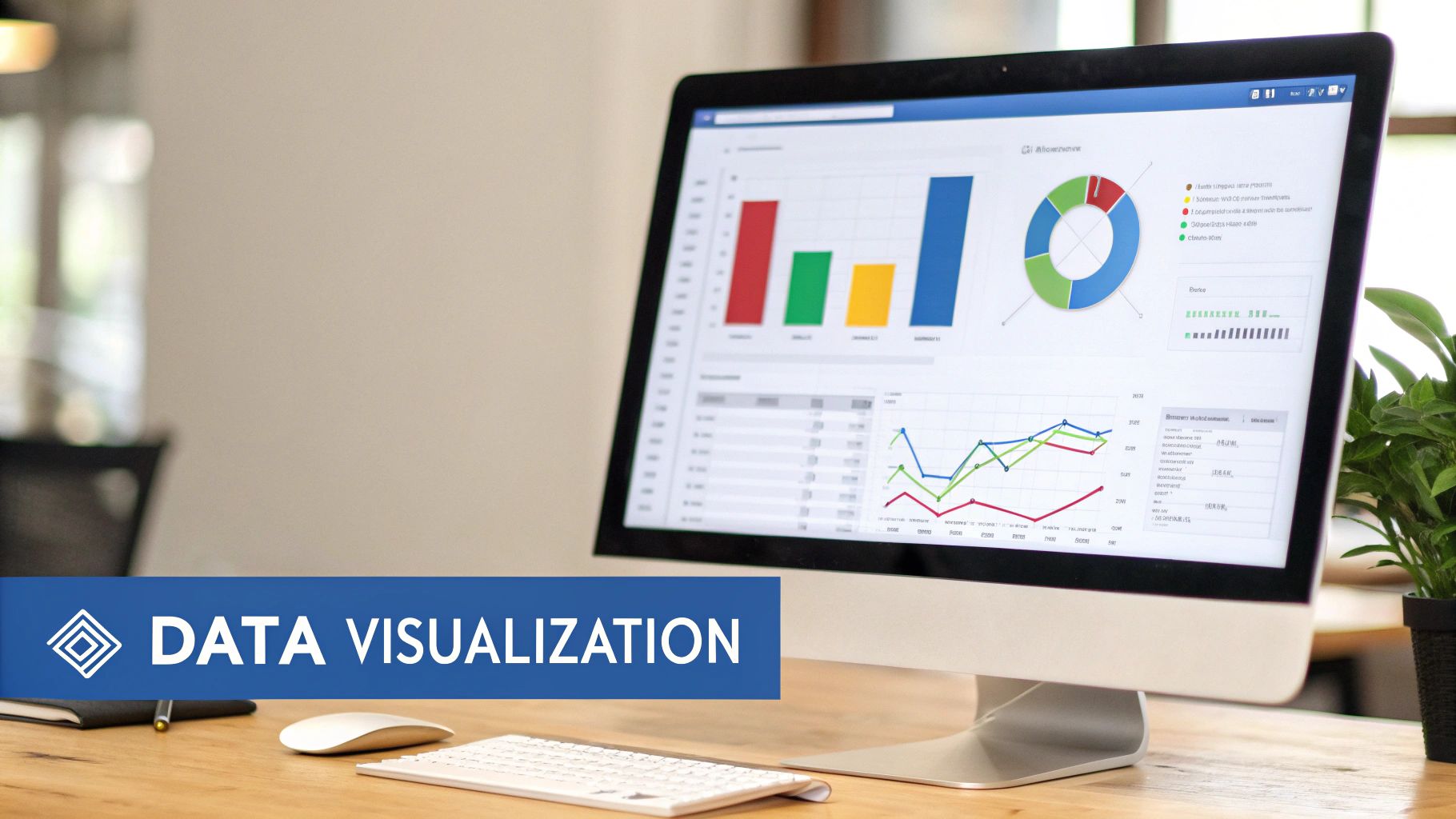A computer monitor displays various data visualizations like charts and graphs on a wooden desk with a mouse and keyboard.