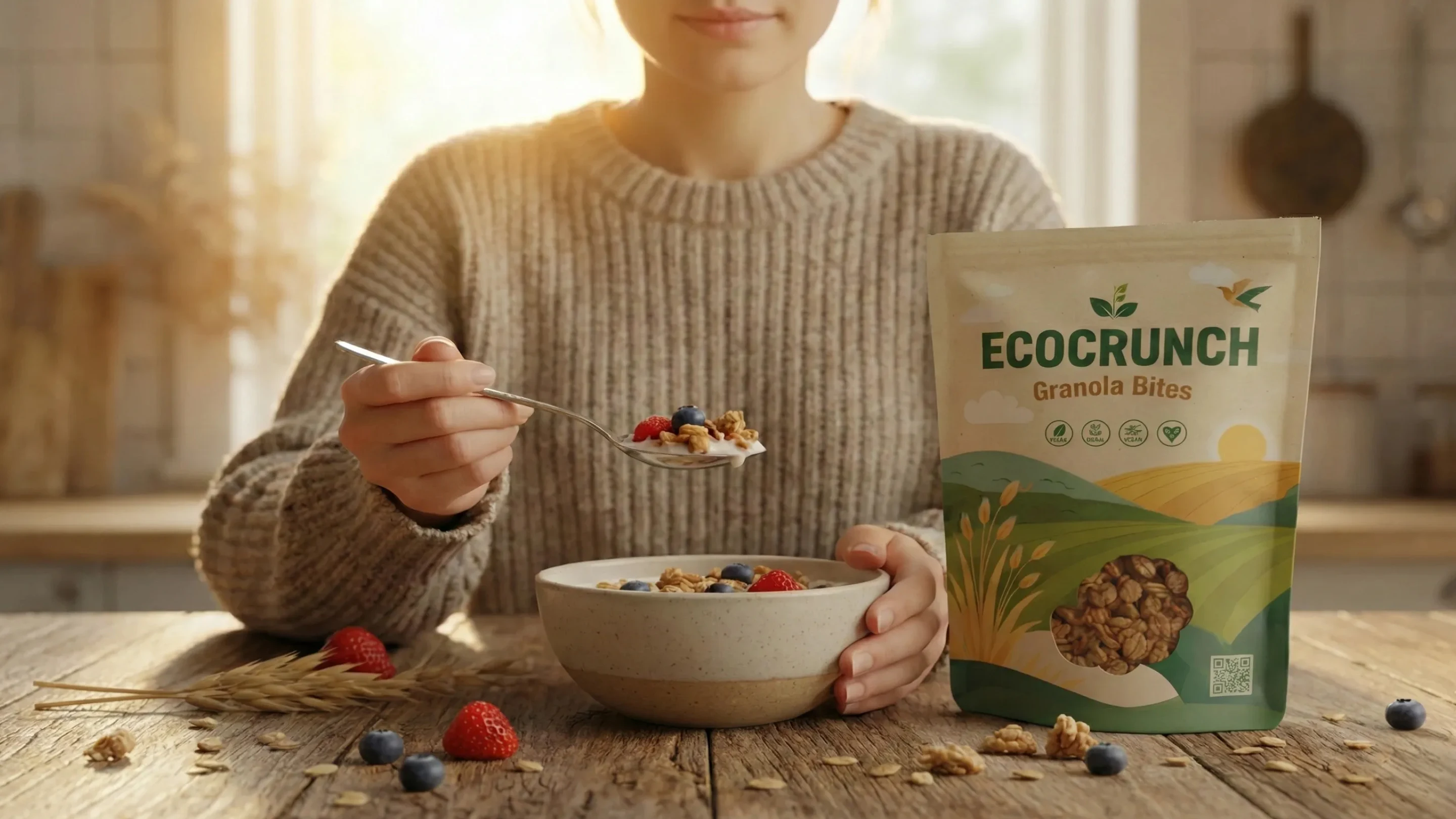A close-up of a person holding an EcoCrunch bag while enjoying a bowl of granola topped with fresh fruit.