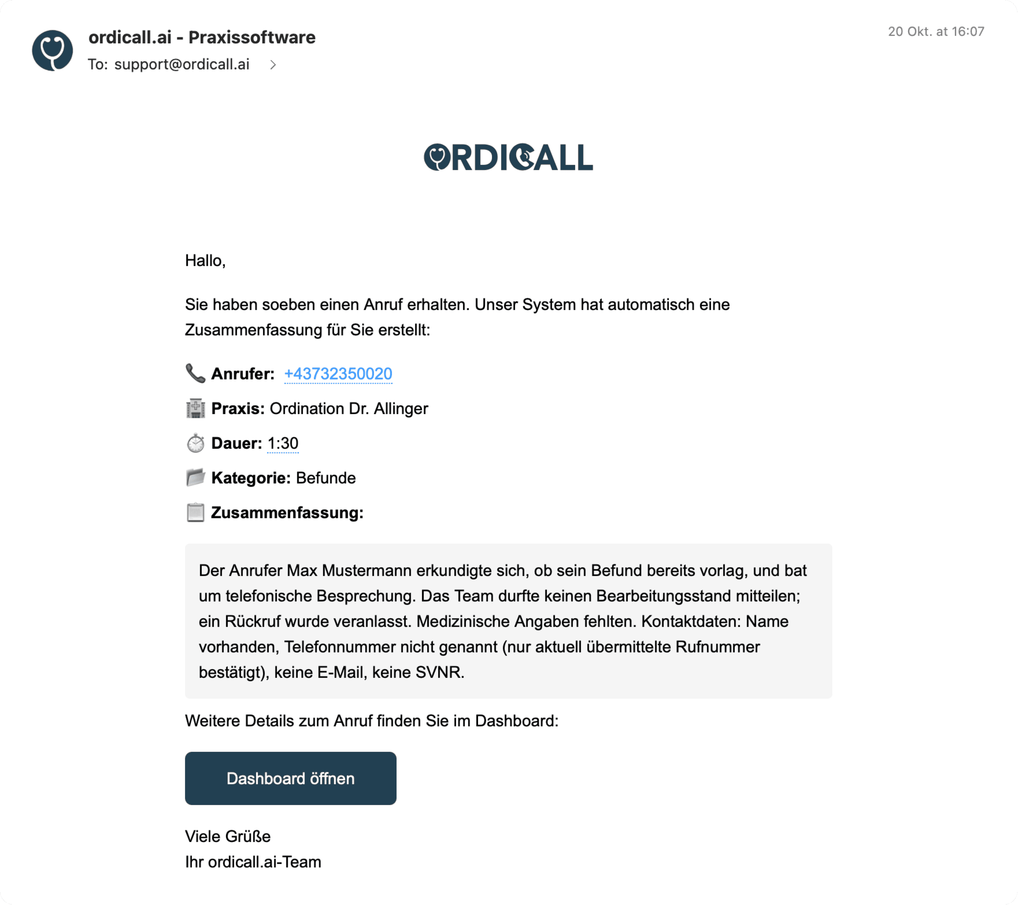Screenshot Email Benachrichtigung 