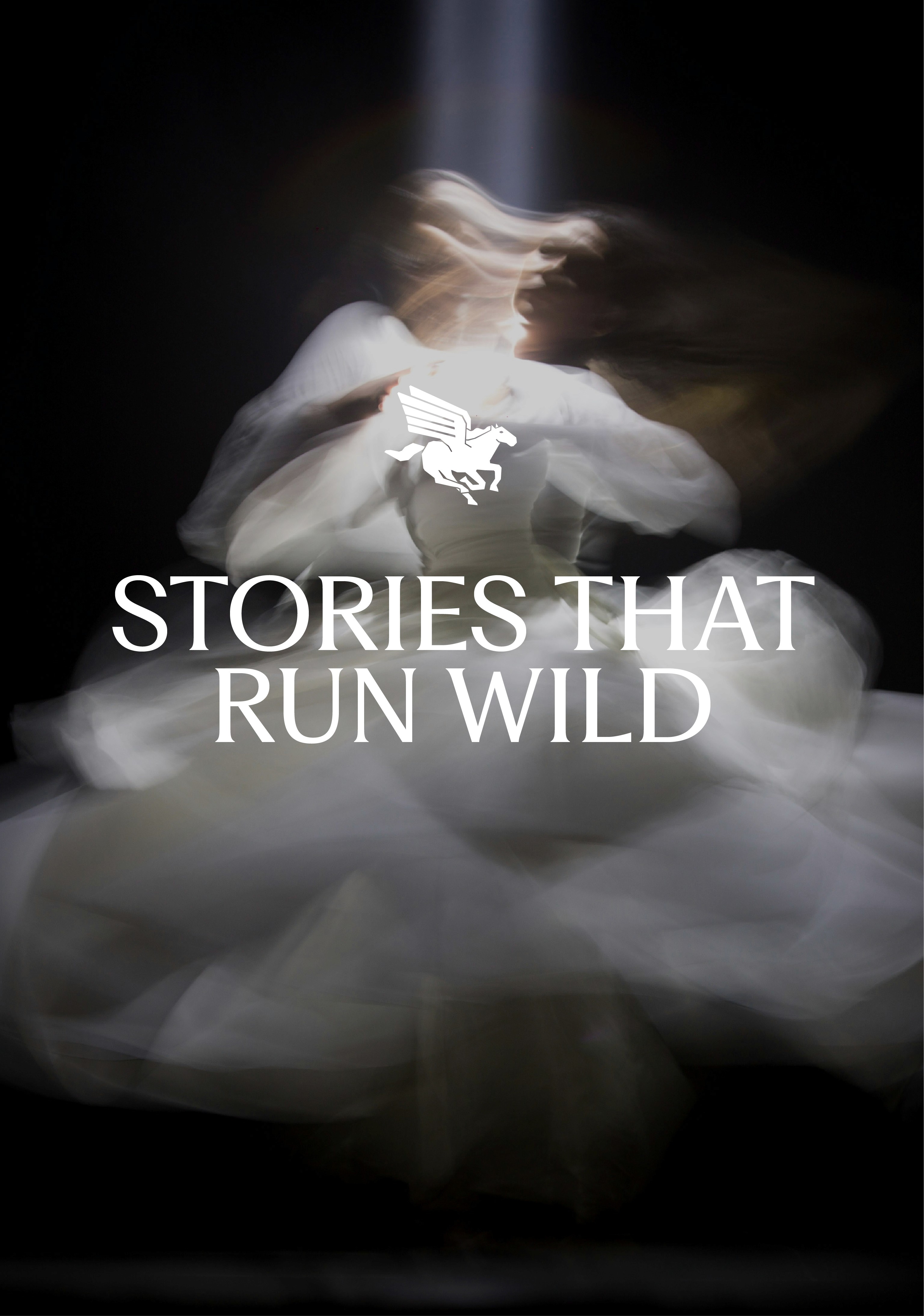 Blurred figure in white dress spinning with spotlight and Pegasus emblem above text Stories That Run Wild