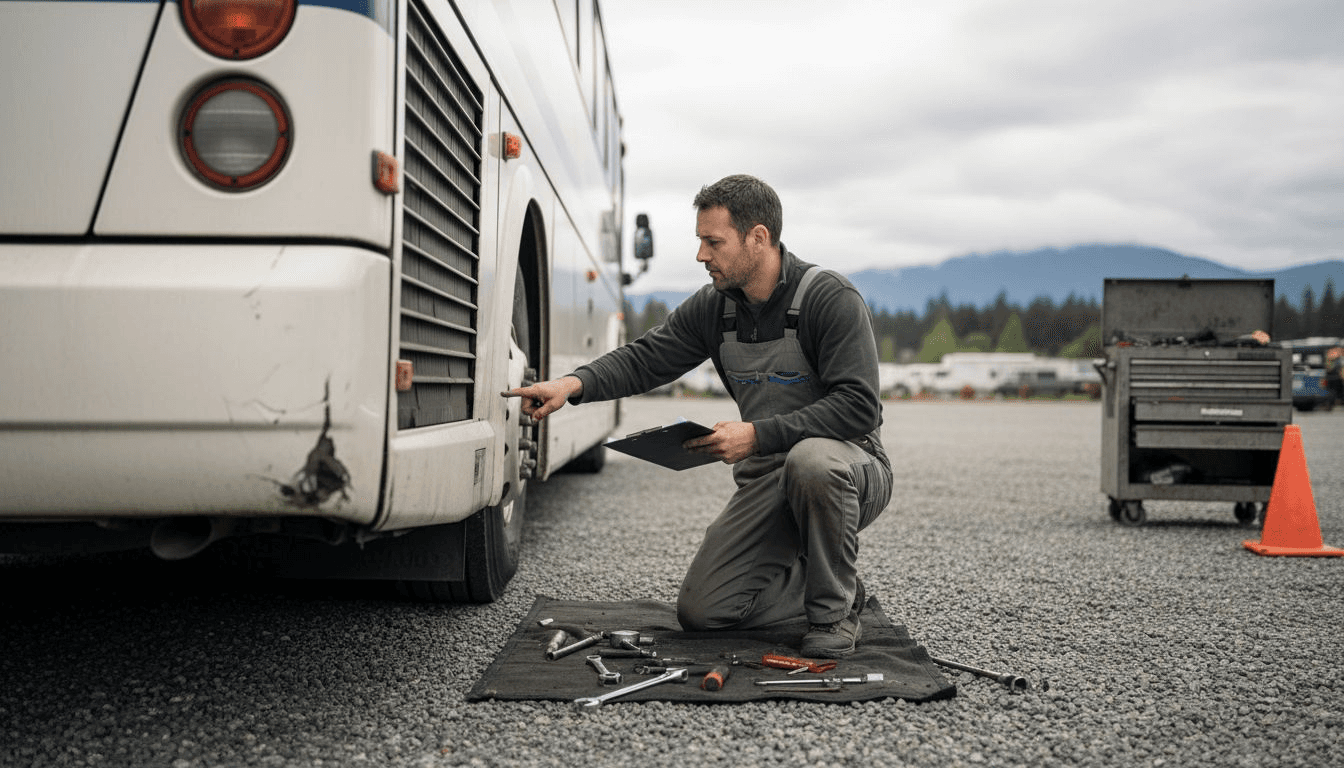 Mechanic inspecting charter bus in yard