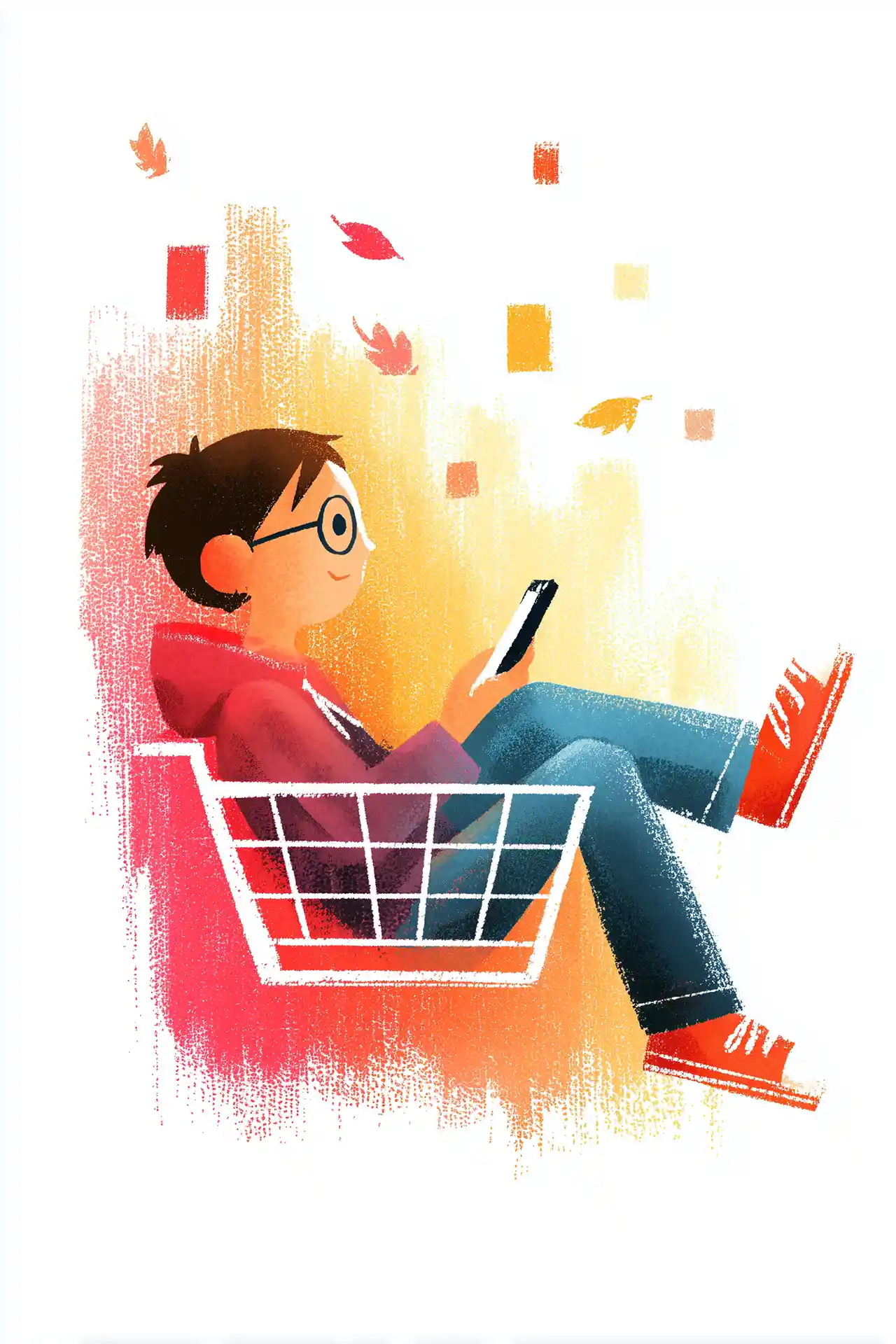 Textured editorial illustration of a young person with glasses sitting relaxed inside an oversized shopping basket, scrolling a phone amid floating autumn leaves and warm golden light.