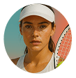 Close-up of a female tennis player wearing a visor, holding a racket with a ball.