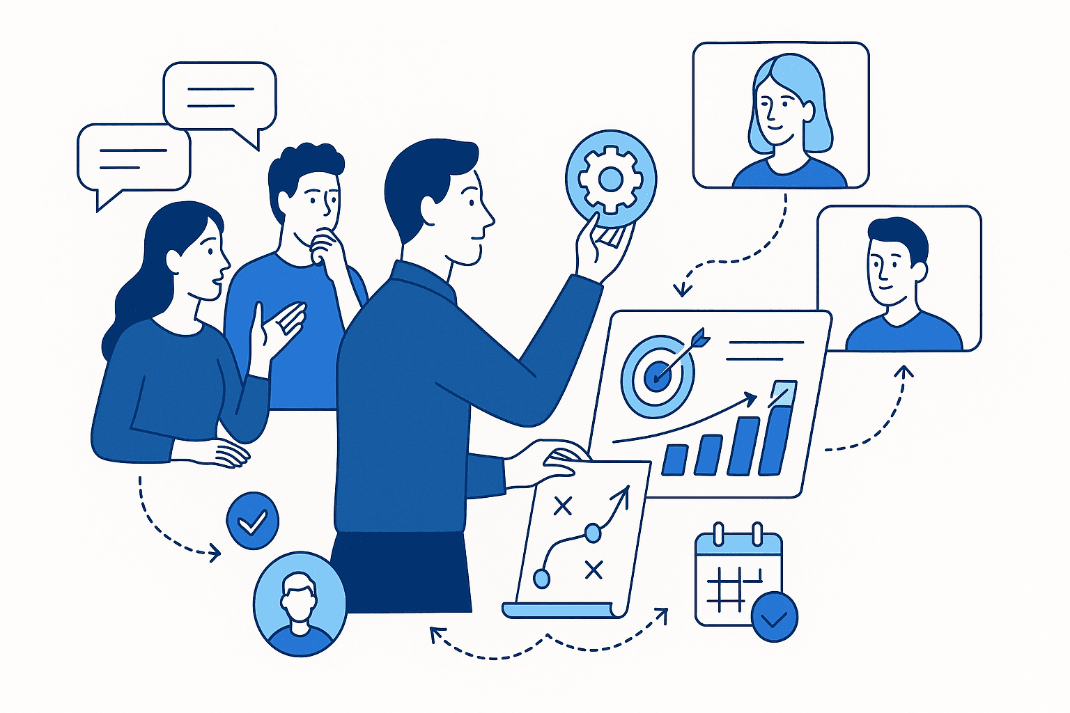 Illustration that represents how man showas and teachs the right approach to pick the right Web3 KOLs and manage the Web3 marketing campaigns