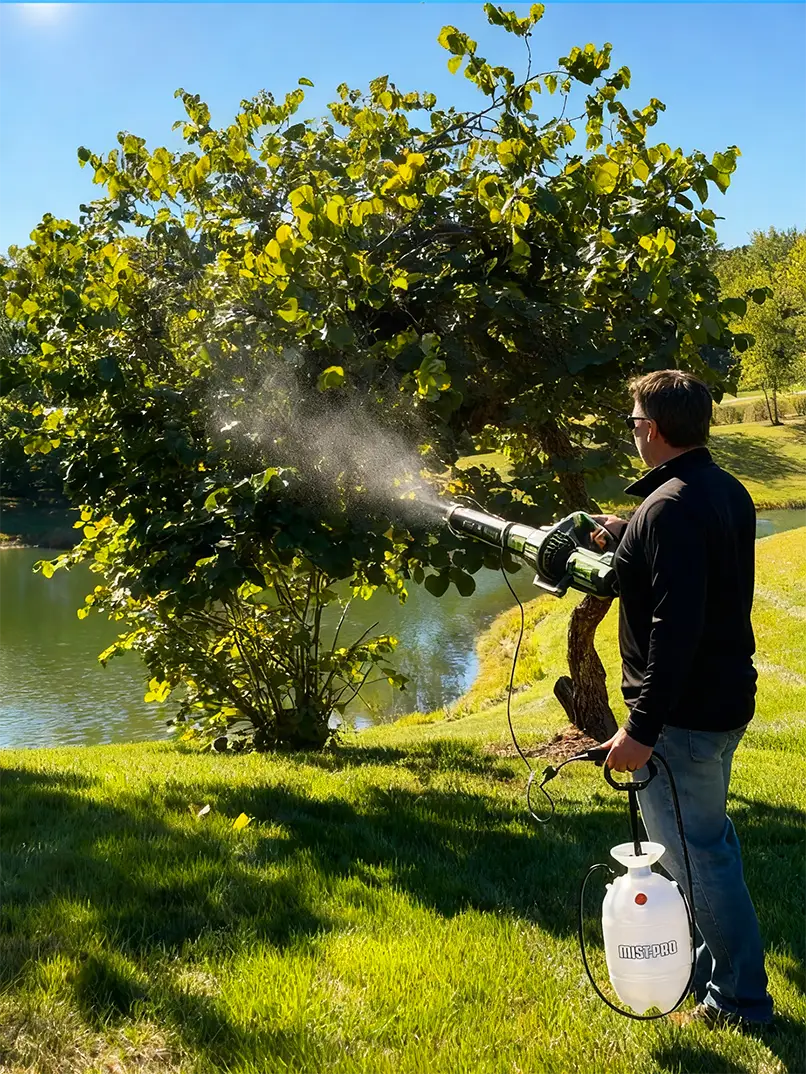 Man with sunglasses using a fogger to spray a tree beside a serene lake on a sunny day, holding a connected misting tank. Lush greenery surrounds him.