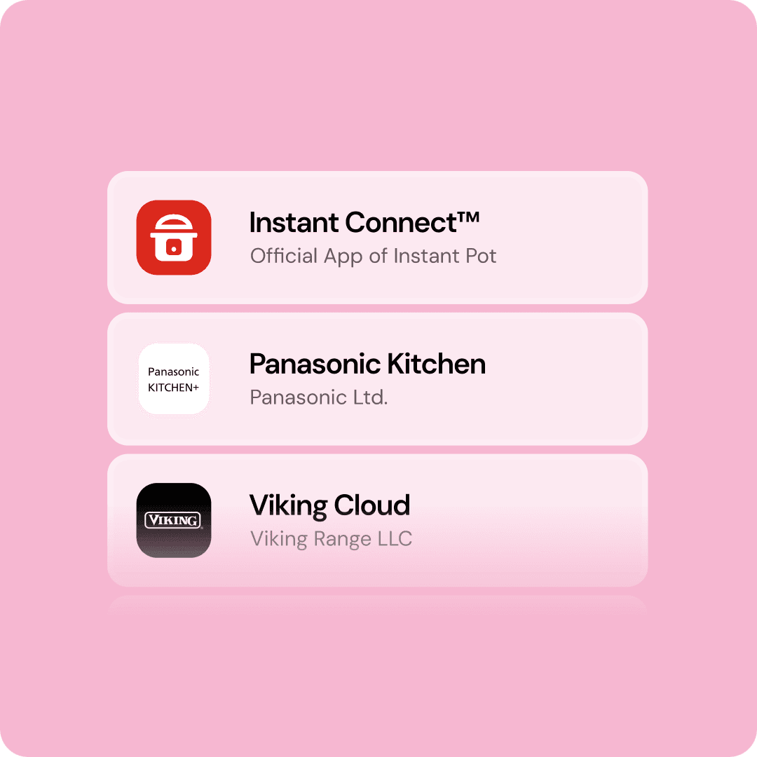 App selection screen shows "Instant Connect", "Panasonic Kitchen", and "Viking Cloud"
