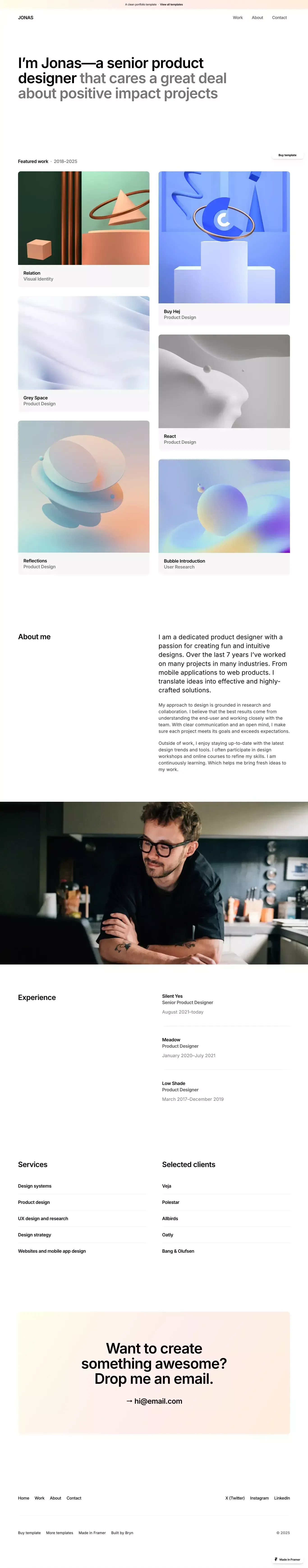 Jonas - Portfolio Template for Framer other page screenshot showcasing Art and Design design