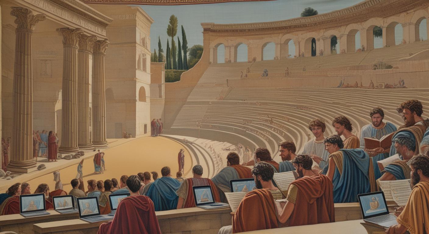 An ancient roman auditorium with students on laptops taking notes