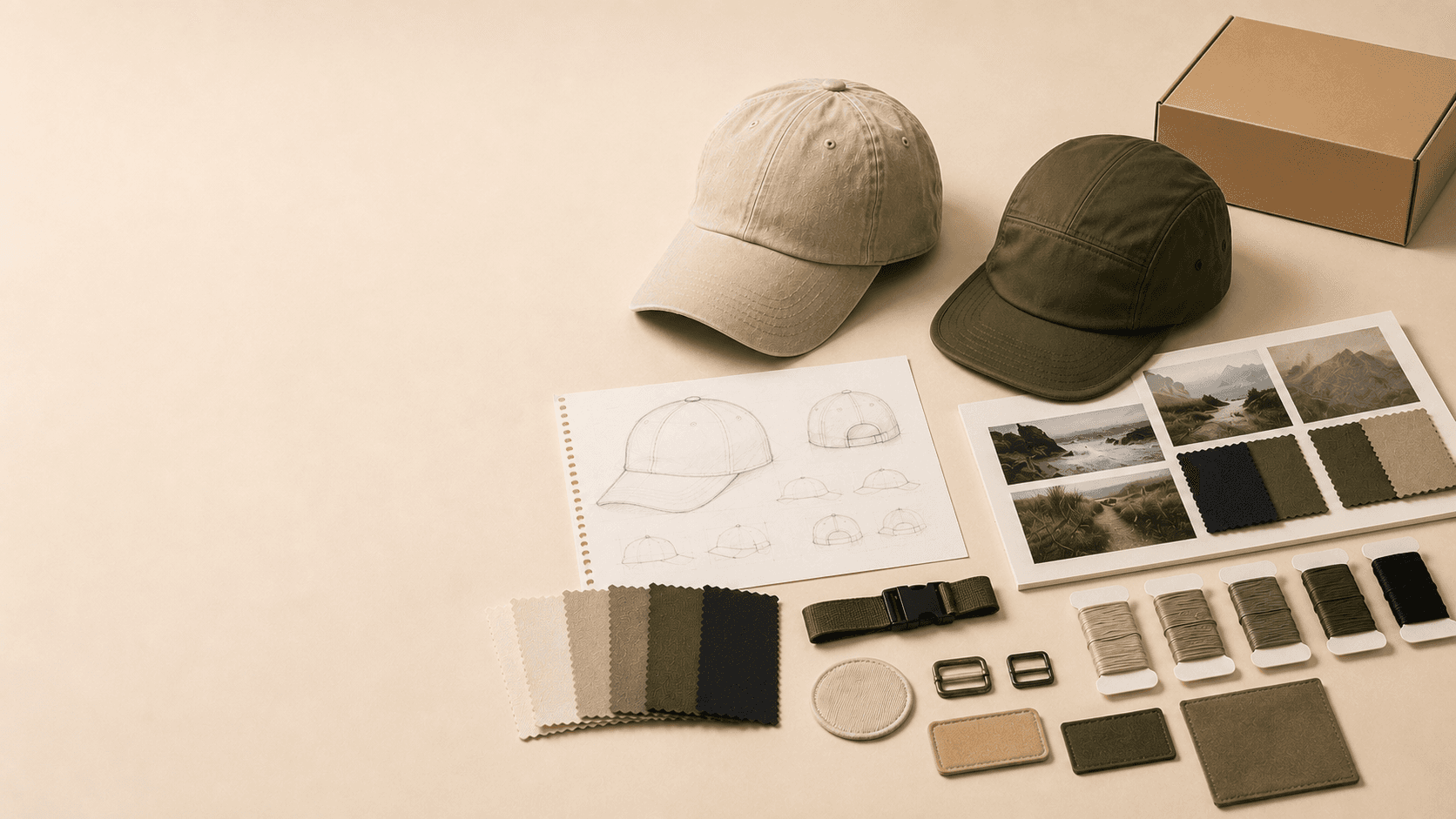 Blank caps, artwork references, fabric swatches and packaging samples arranged for a creator or early-stage headwear project.