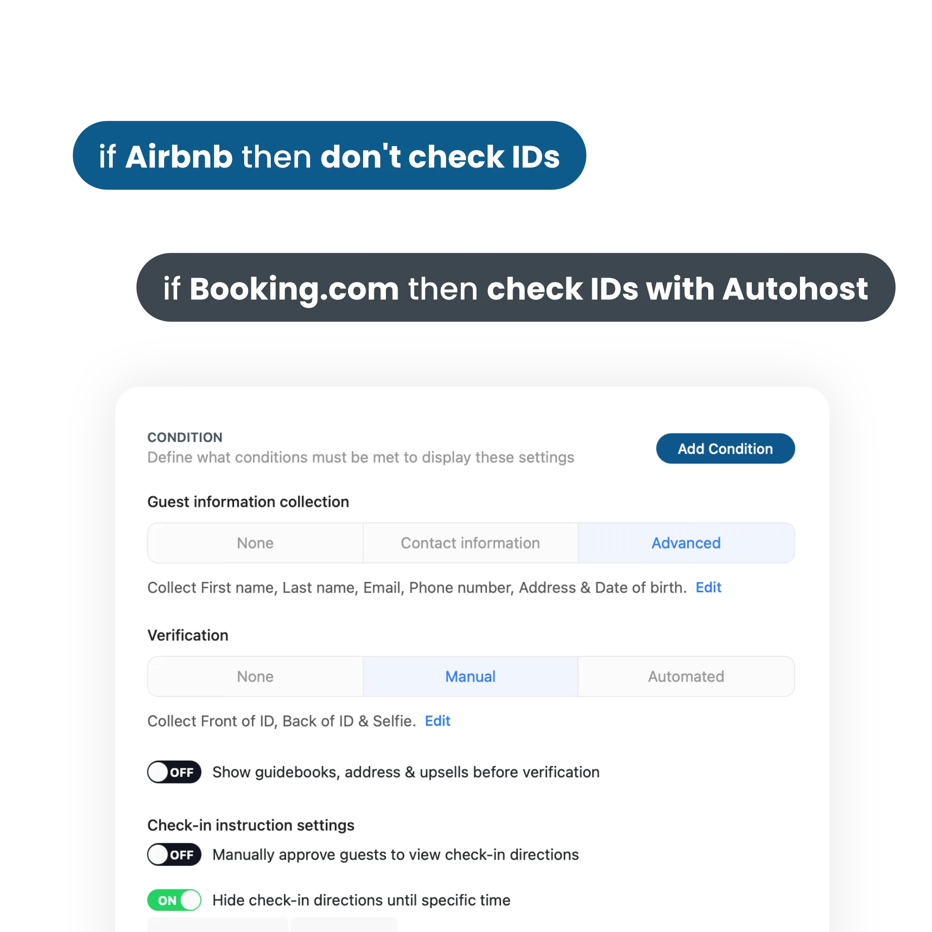 Two callouts above a verification setting panel showing if users use Airbnb then dont check IDs and if they're using Booking.com they should check the IDs with autohost