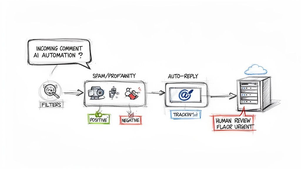 Diagram illustrating AI automation for incoming comments, featuring filters, spam detection, and human review.