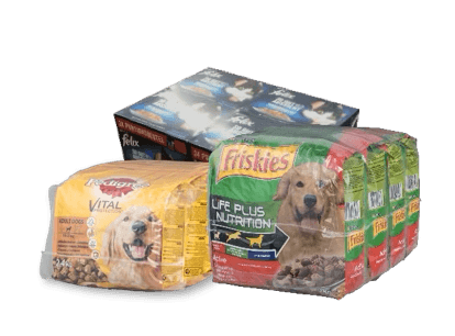 Hundefutter: Pedigree, Friskies und Felix in Packungen. Verschiedene Sorten für Hunde.