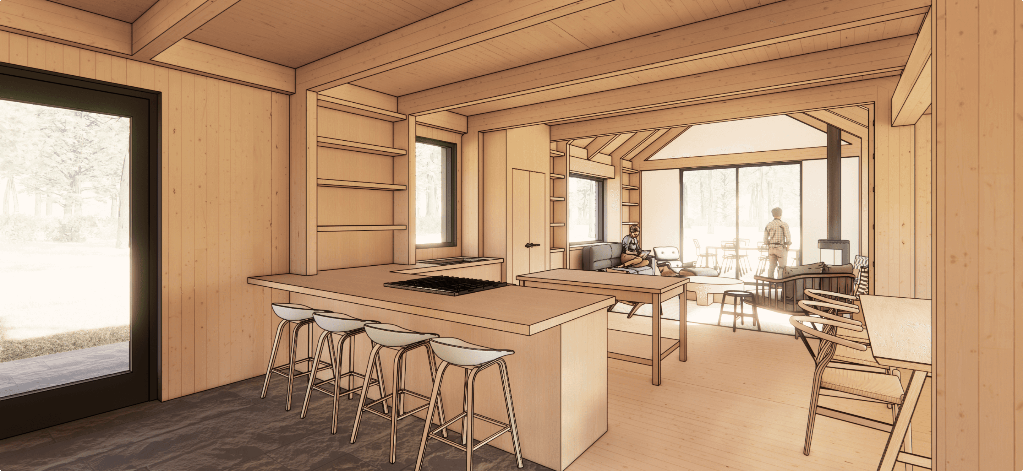 Interior of a TMBR-built home, featuring an open-concept kitchen with timber walls, modern appliances, and natural lighting.