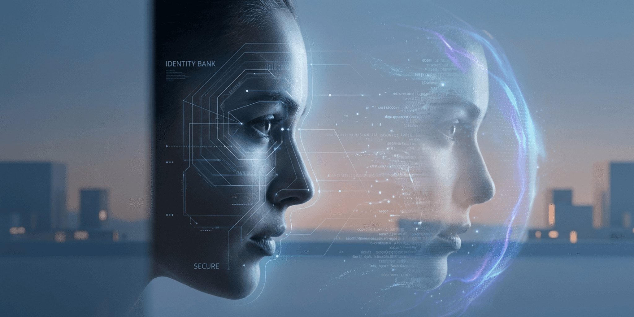 A woman's face in profile, overlaid with digital lines and text like "Identity Bank" and "Secure," reflects against a digital avatar with a futuristic cityscape background. The tone is high-tech and mysterious.