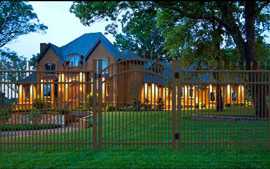 Close up of powder-coated black aluminum fence pickets and rails