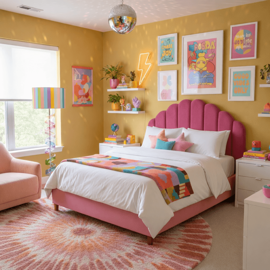 Dopamine decor bedroom with mustard walls, scalloped pink headboard, round pink and orange rug, neon lightning bolt wall light, layered colorful art, and disco ball ceiling fixture.