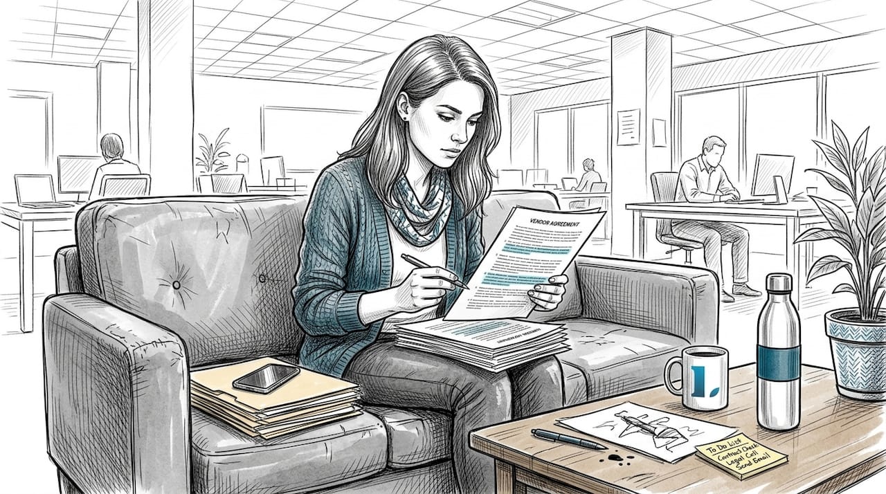 Startup founder reading vendor contract on couch