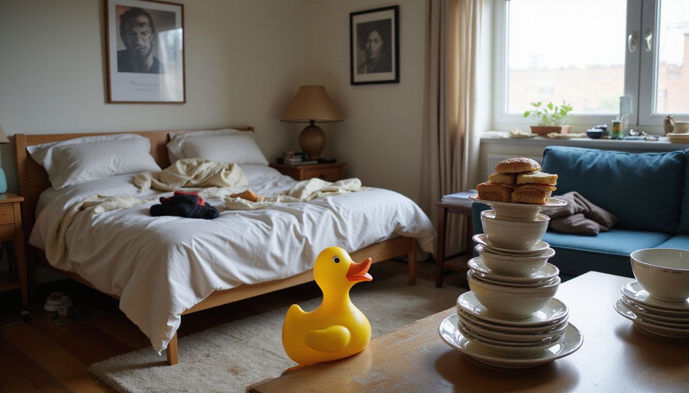 A candid photo captures a messy Airbnb room, showcasing unmade beds, abandoned food, and a curious rubber duck.