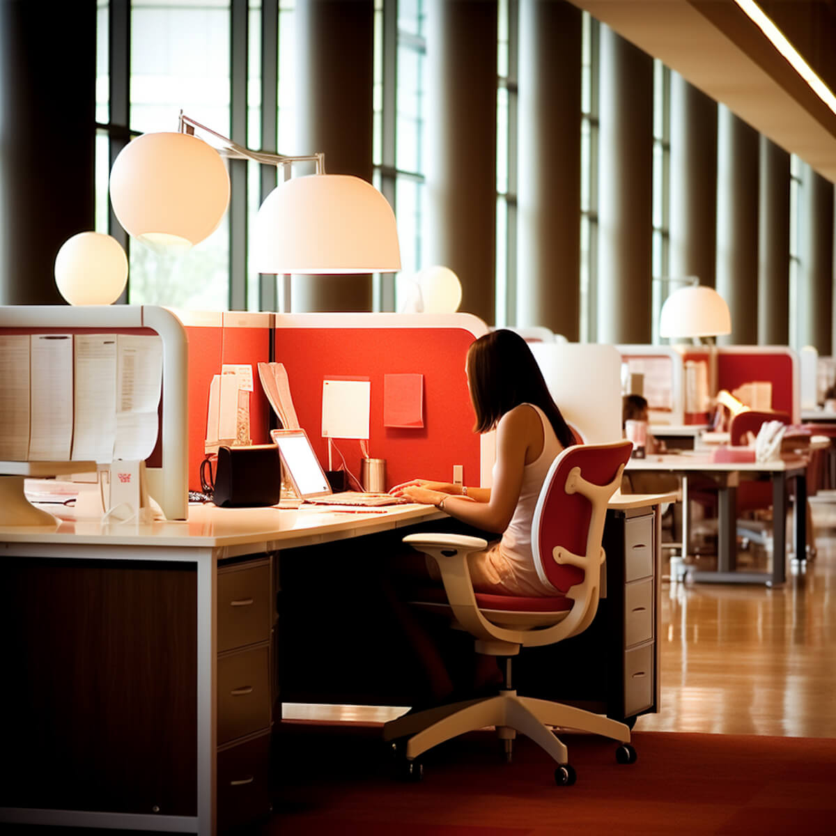 Person working at a desk in a red and wood office interior