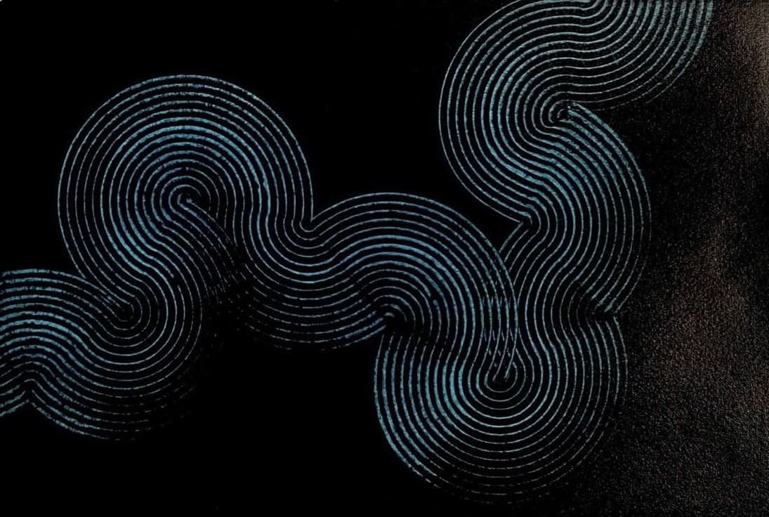 Abstract artwork with flowing circular line patterns in blue on a dark background, symbolizing attention and engagement.