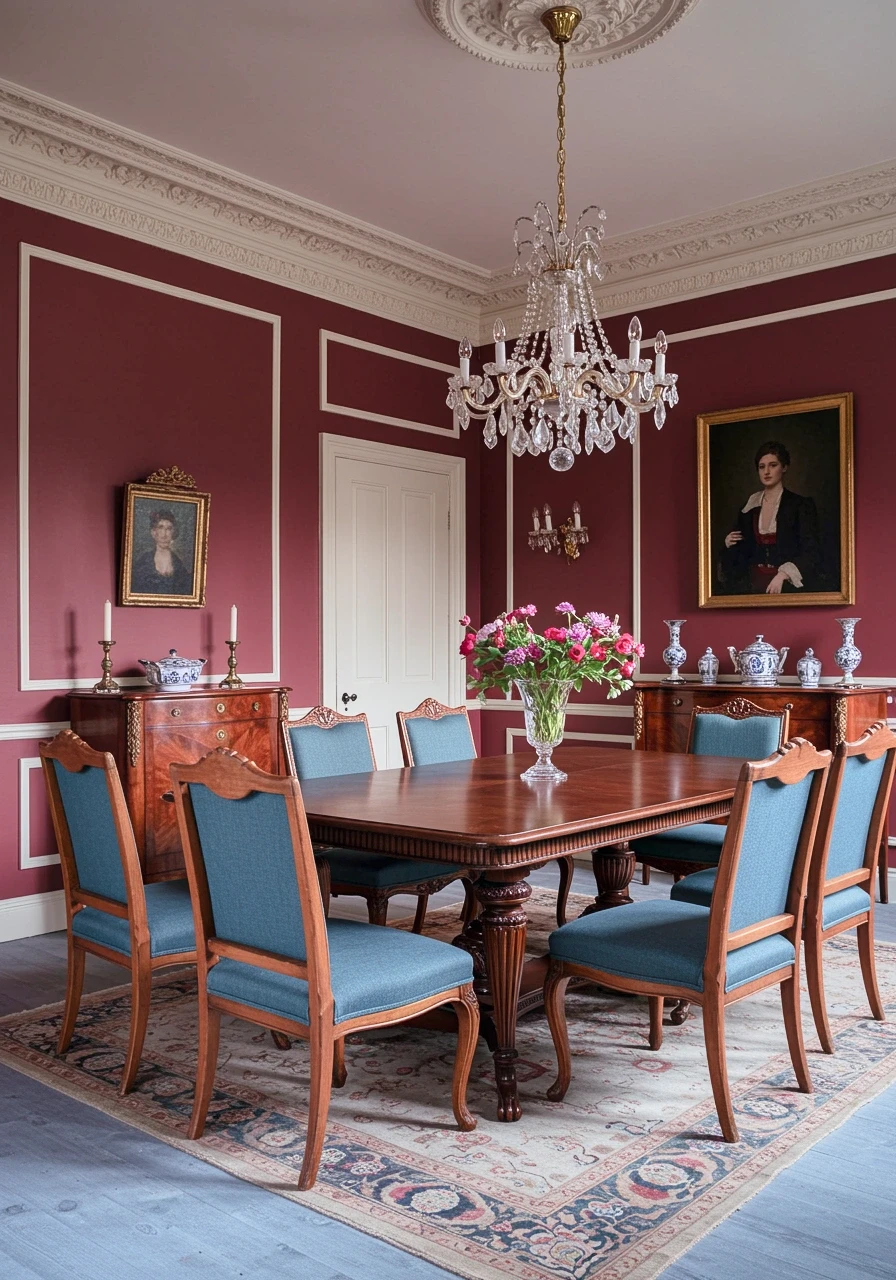 Glamorous vintage-inspired dining room with burgundy walls and traditional furnishings