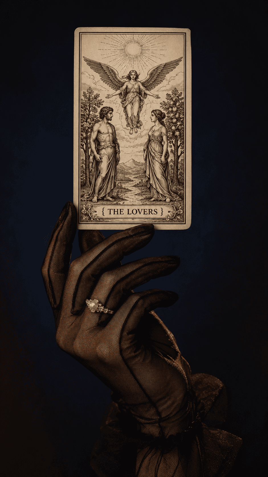 The Lovers tarot card in a black tulle glove, dark moody navy