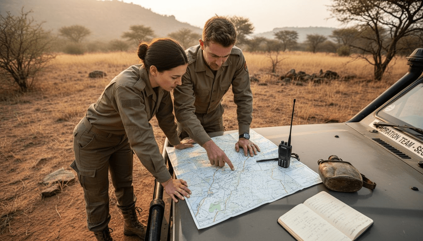 Des spécialistes de la préservation de la nature étudient une carte du terrain pour planifier leurs actions.