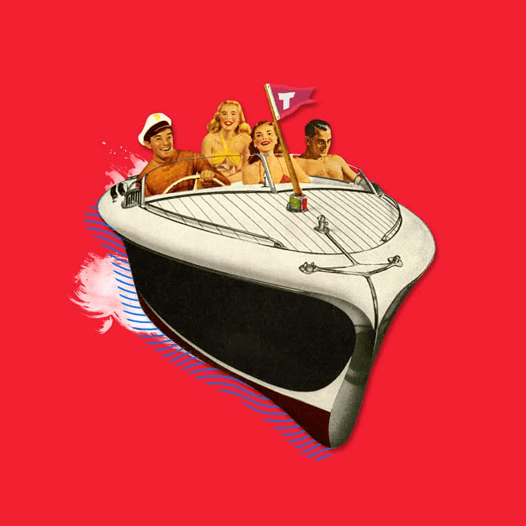 Aventura en yate con grupo de personas felices en un vibrante fondo rojo.