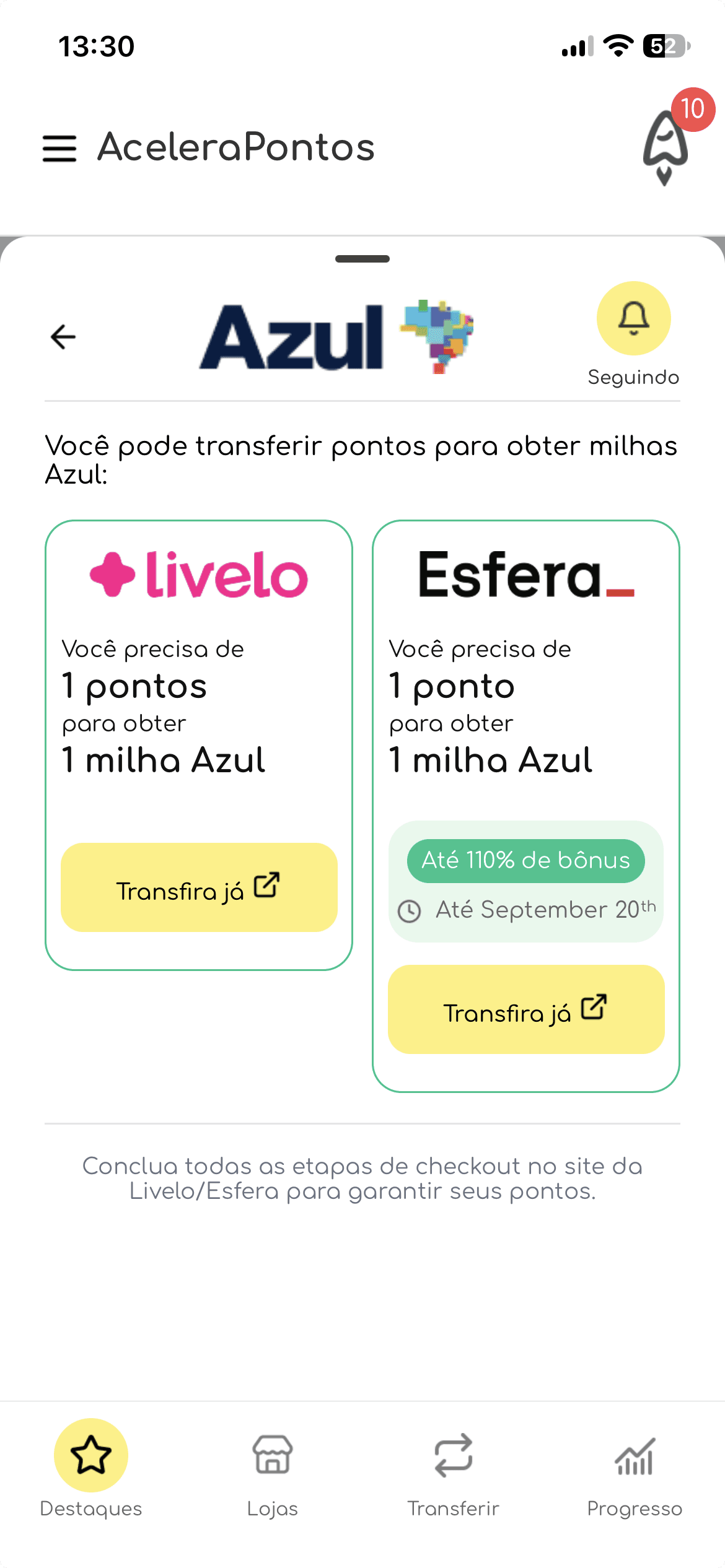 AceleraPontos mostrando transferência Esfera para Azul na proporção de um para um e campanha de até 110% de bônus