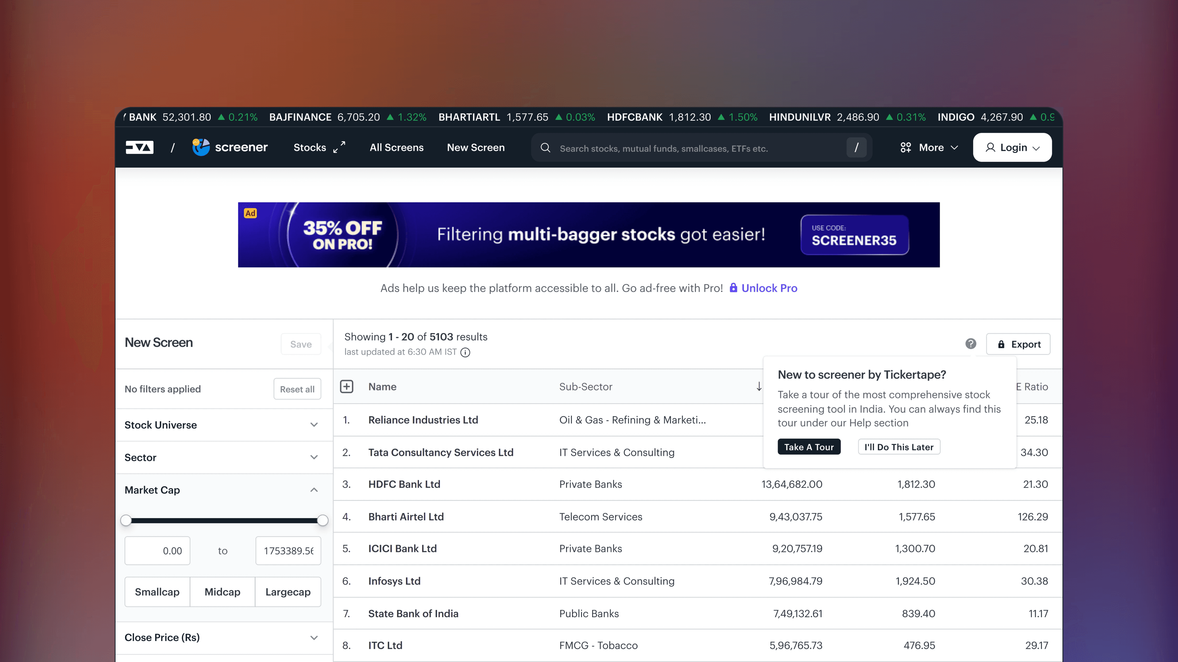 Website preview of Tickertape Stock Screener, trade analytics screener platform featuring a dashboard for filtering stocks by financial metrics.