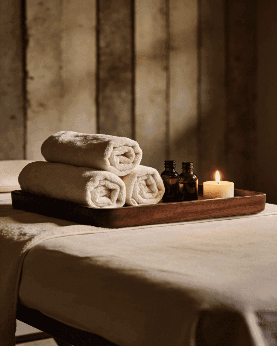 A woman lying down with a towel wrapped around her head, her face glistening with facial oil. Her eyes are closed, and she appears to be enjoying a spa treatment in a peaceful setting.