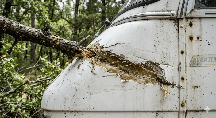 Panel lateral de fibra de vidrio de una autocaravana dañado por la rama de un árbol en un camping.