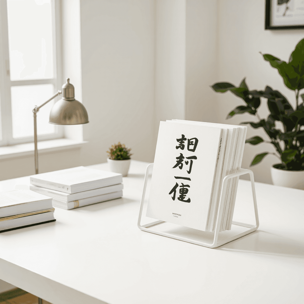 product photography of white metal book stand with Korean calligraphy