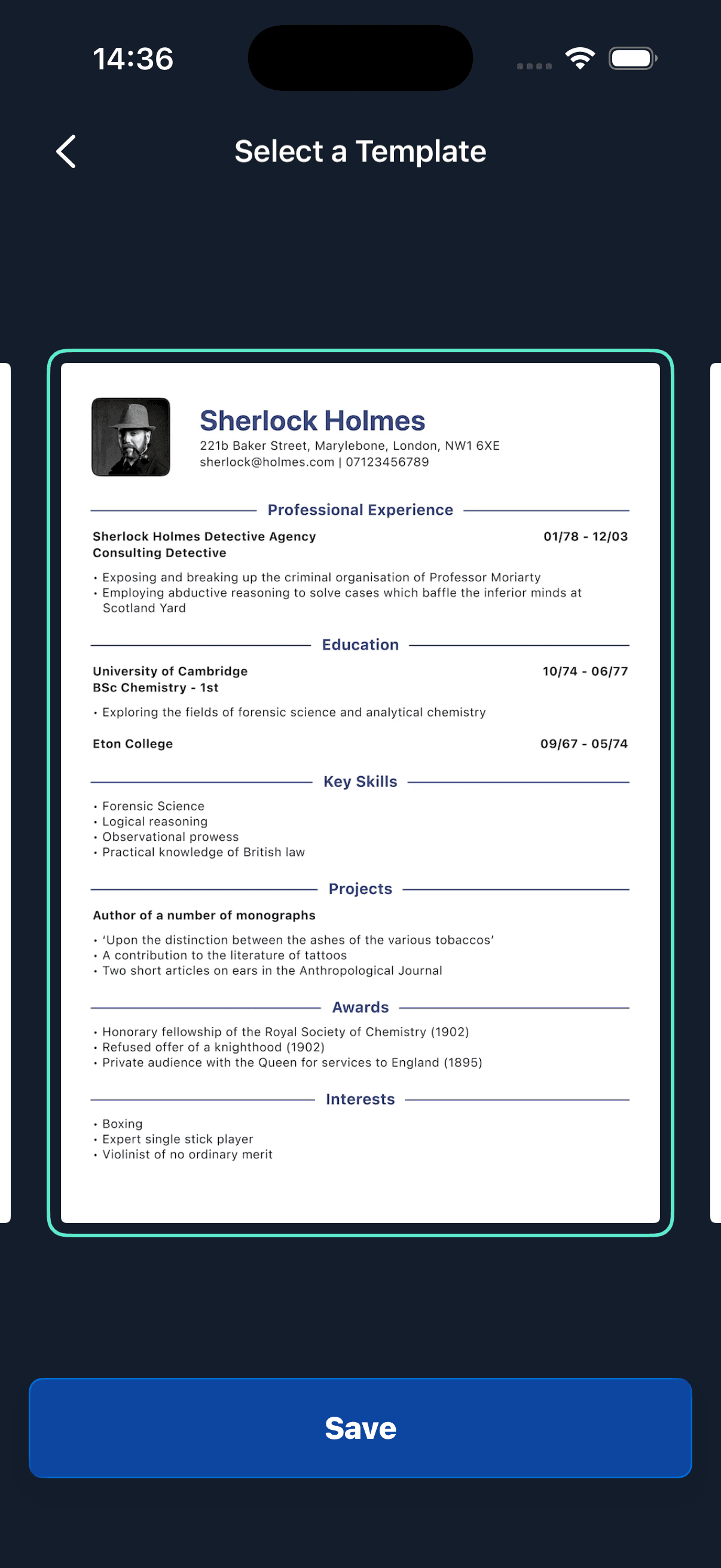 The "Select a Resume Template" screen of the CV Engineer mobile app