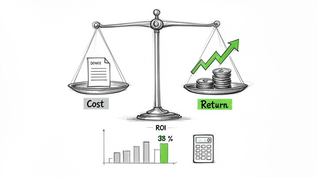 Illustration depicting a balance scale weighing cost against return, with a bar graph showing 38% ROI.