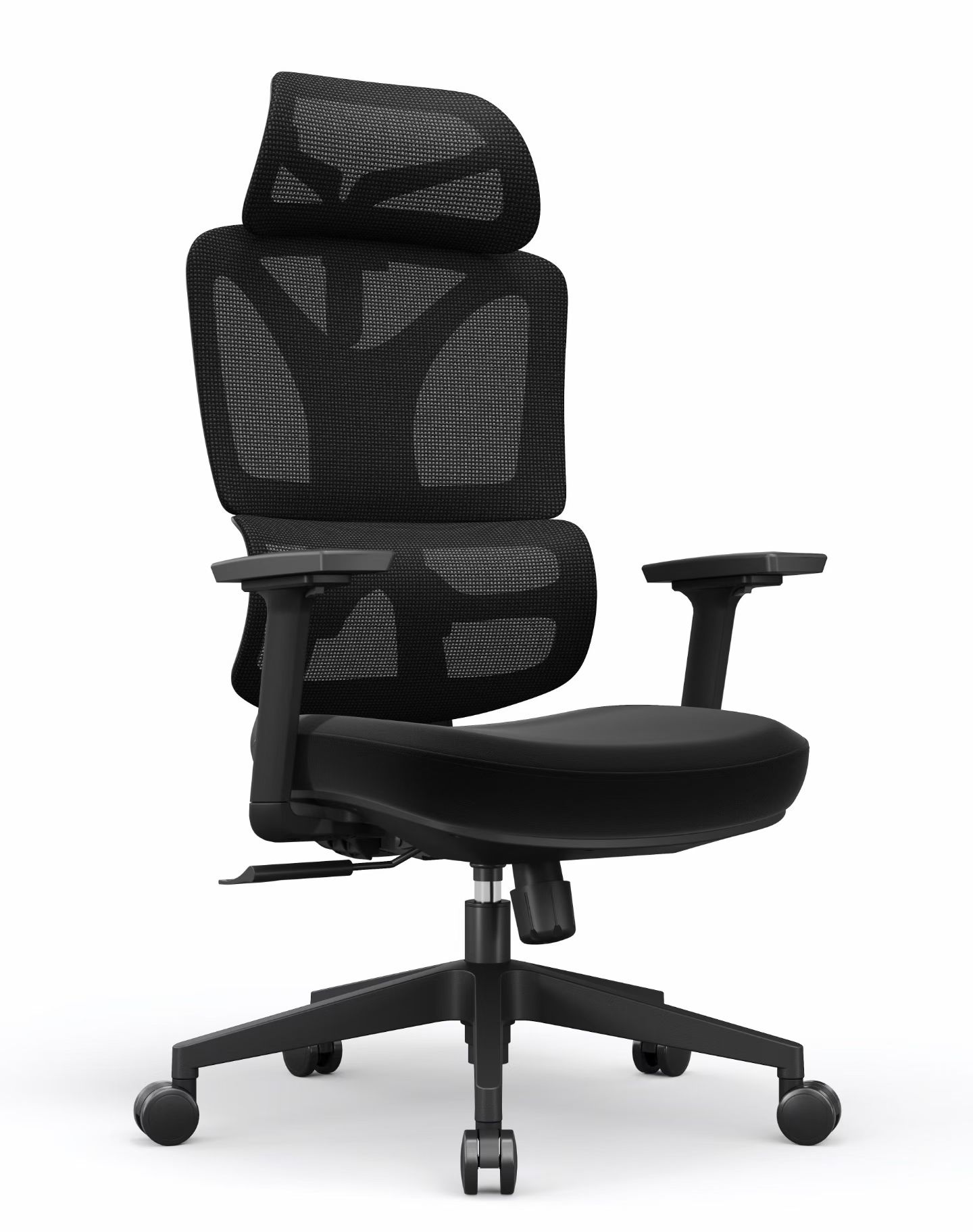 A rear view of a high-end ergonomic office chair featuring a SingOFai Furniture backrest component in matte black. The backrest is equipped with a breathable dark mesh, an integrated adjustable headrest, and a distinctively sculpted Y-shaped outer frame with a metallic accent on the central spine. The chair is positioned on a light wood surface against a textured, sunlit wall, showcasing the component's modern aesthetic and robust structural design.