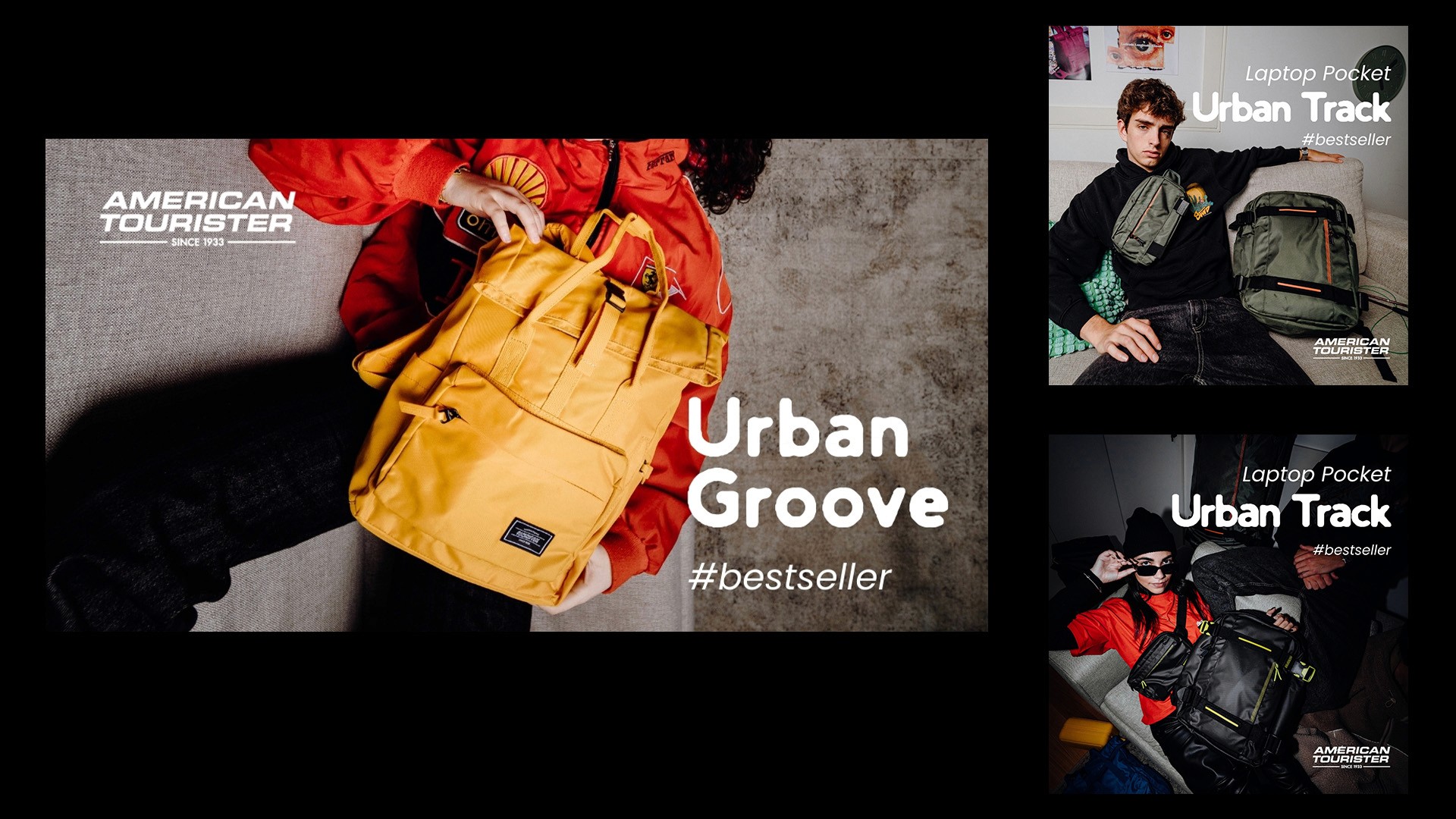 American Tourister Urban Groove and Urban Track bestseller backpacks shown in styled lifestyle ads