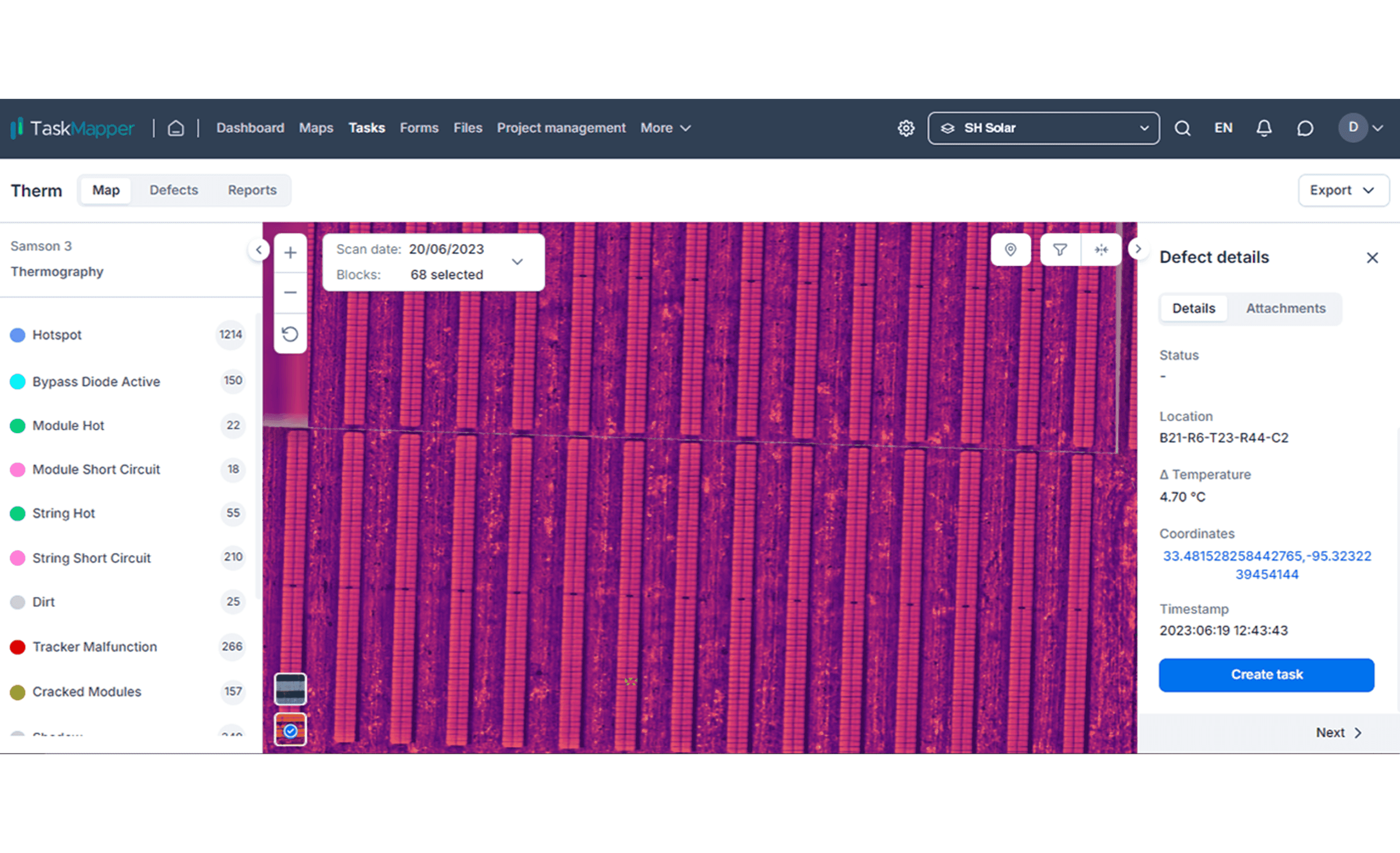 TaskMapper TERRA: Map view with geolocated and classified defects