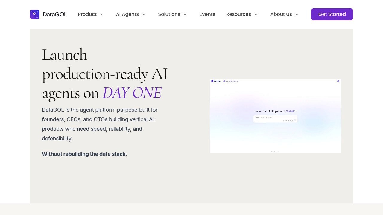 DataGOL AgentOS platform showing production-ready AI agent deployment with governed connectors and multi-agent orchestration