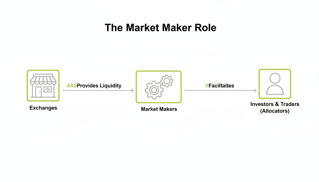 Flowchart illustrating the role of market makers facilitating exchanges and investors in financial markets.